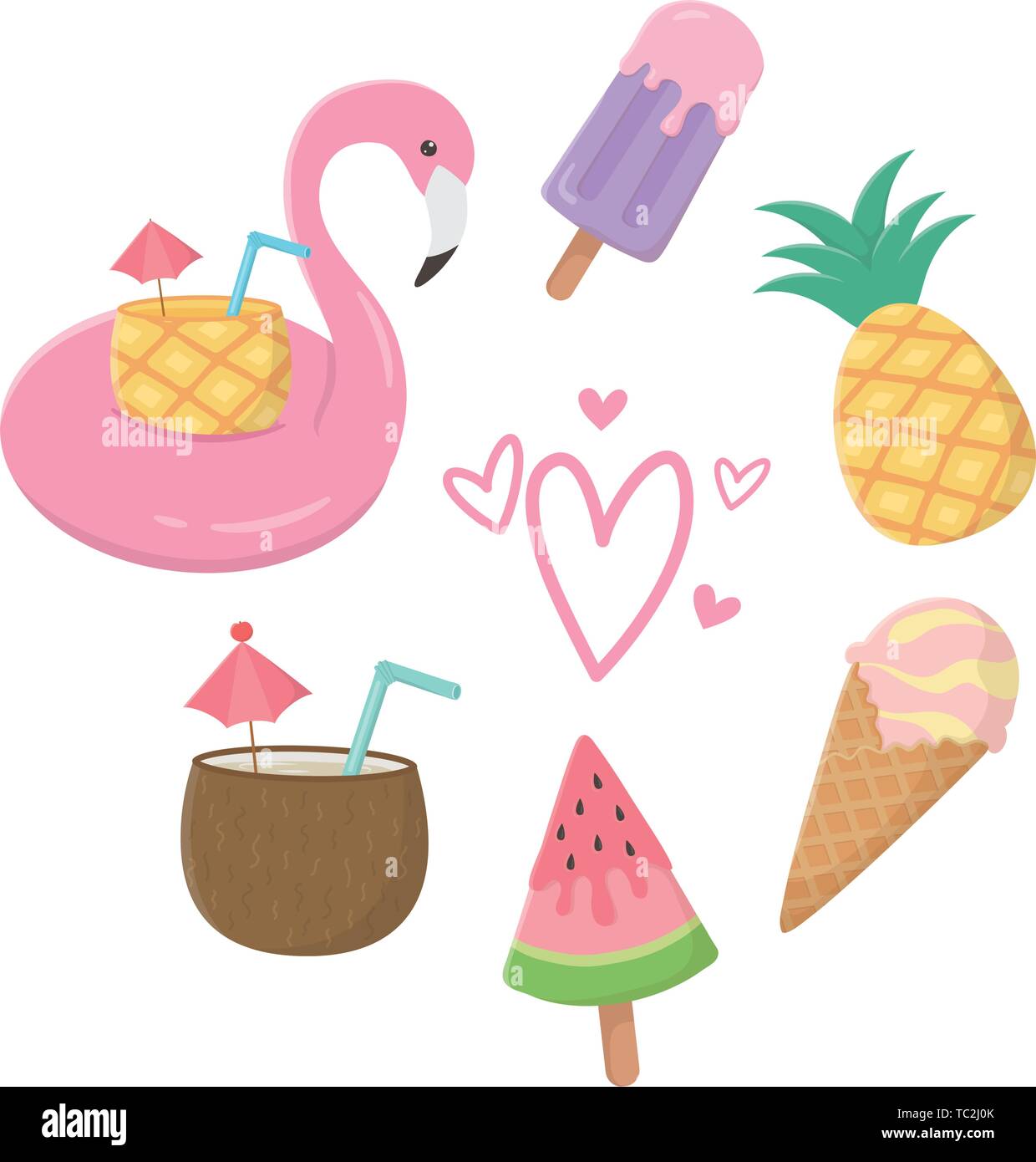 Flamingo Schwimmer und Sommer Icon Set Design, Ferienhäuser Strand tropische Entspannung im Freien Natur Tourismus Insel und die Jahreszeit Thema Vector Illustration Stock Vektor