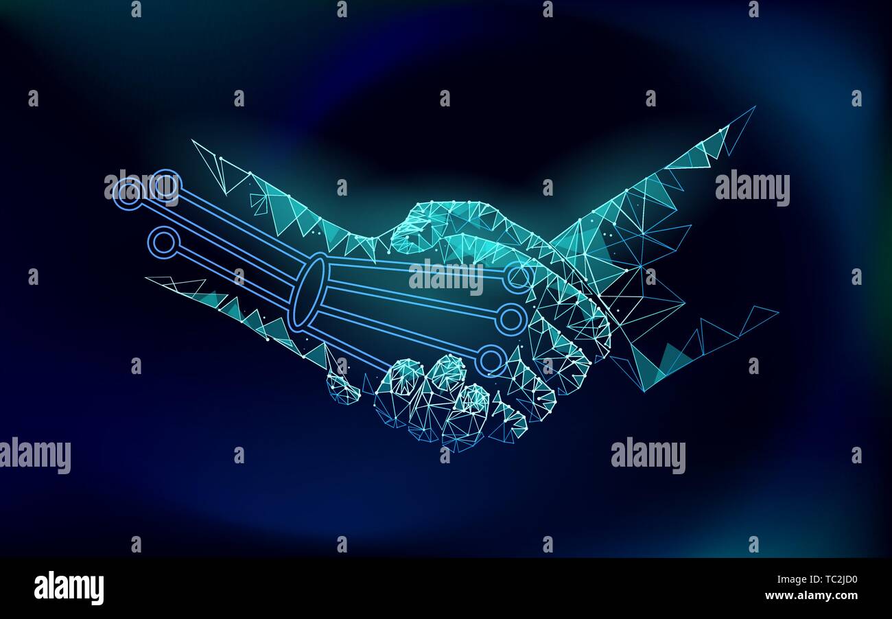 Low-poly-Handshake zukünftige industrielle Revolution Konzept. AI künstliche und der Union. Online Technology Agreement Industrie Management. 3D-polygonalen Stock Vektor