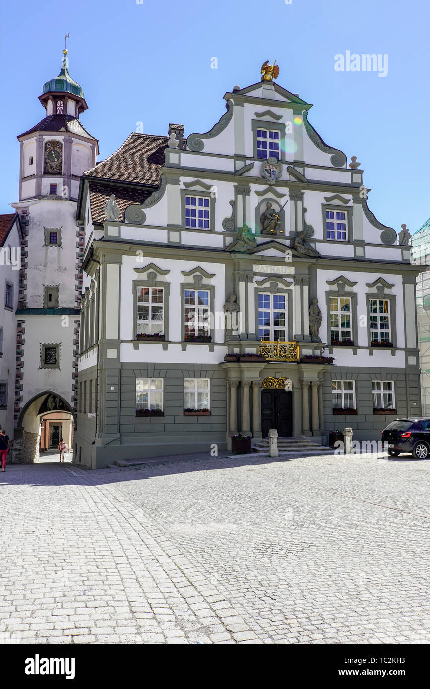 Rathaus, Marktplatz, Wangen im Allgäu, Baden-Württemberg, Deutschland. Eine historische Stadt im Osten von Baden-Württemberg. Stockfoto