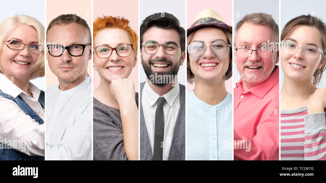 Männer und Frauen in der Brille lächelnd in gute Stimmung. Stockfoto