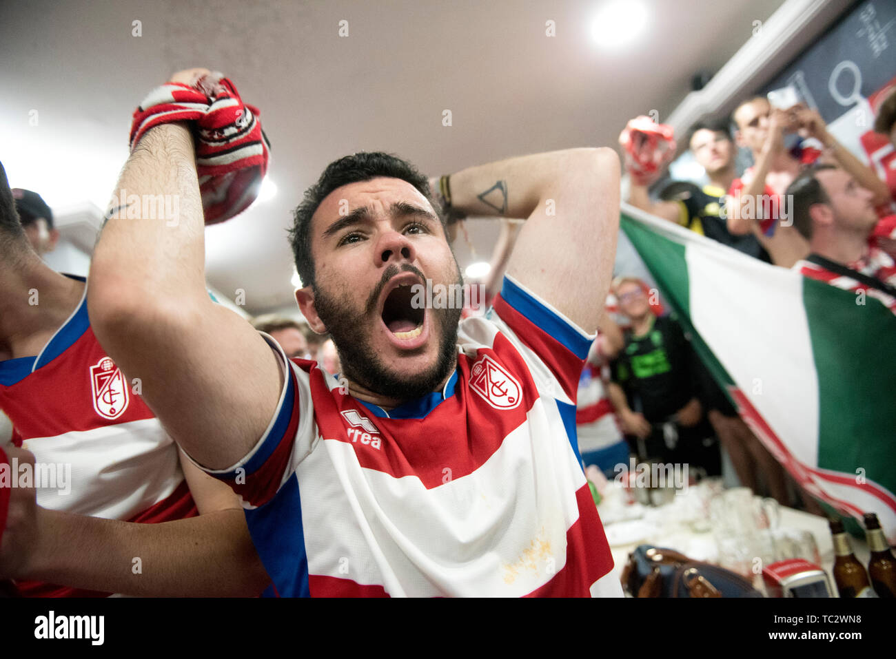 Granada, Spanien. 04 Juni, 2019. Granada CF Verfechter wird gesehen, gerade zum Ende der Partie zwischen Granada CF und Mallorca. Anhänger der Granada Fußball Team feiern den Aufstieg in die erste Liga Santander (Spanische Fußball-Liga) ihrer Mannschaft nach dem zweiten Platz in der Spanischen Zweiten Liga Gutschrift erhalten: SOPA Images Limited/Alamy leben Nachrichten Stockfoto