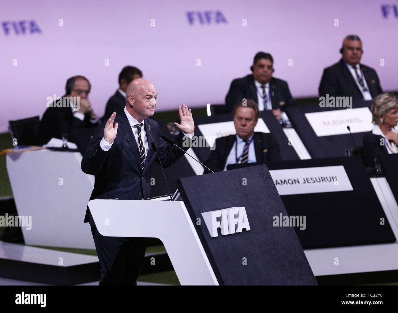 Paris. 5. Juni 2019. FIFA-Präsident Gianni Infantino liefert eine Rede während der 69 FIFA-Kongress in Paris am 5. Juni 2019. Credit: Gao Jing/Xinhua/Alamy leben Nachrichten Stockfoto