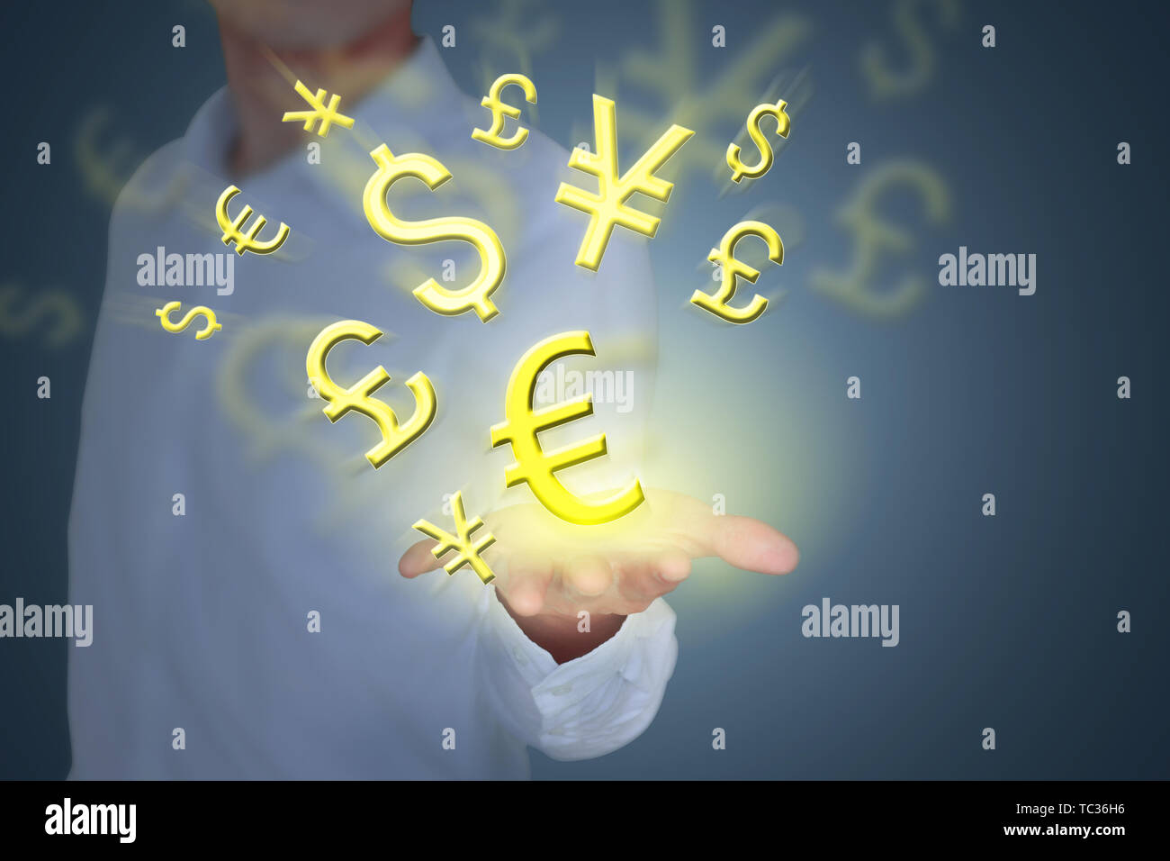 Close-up Geschäftsmann mit Geld Symbol in der Luft schweben Stockfoto