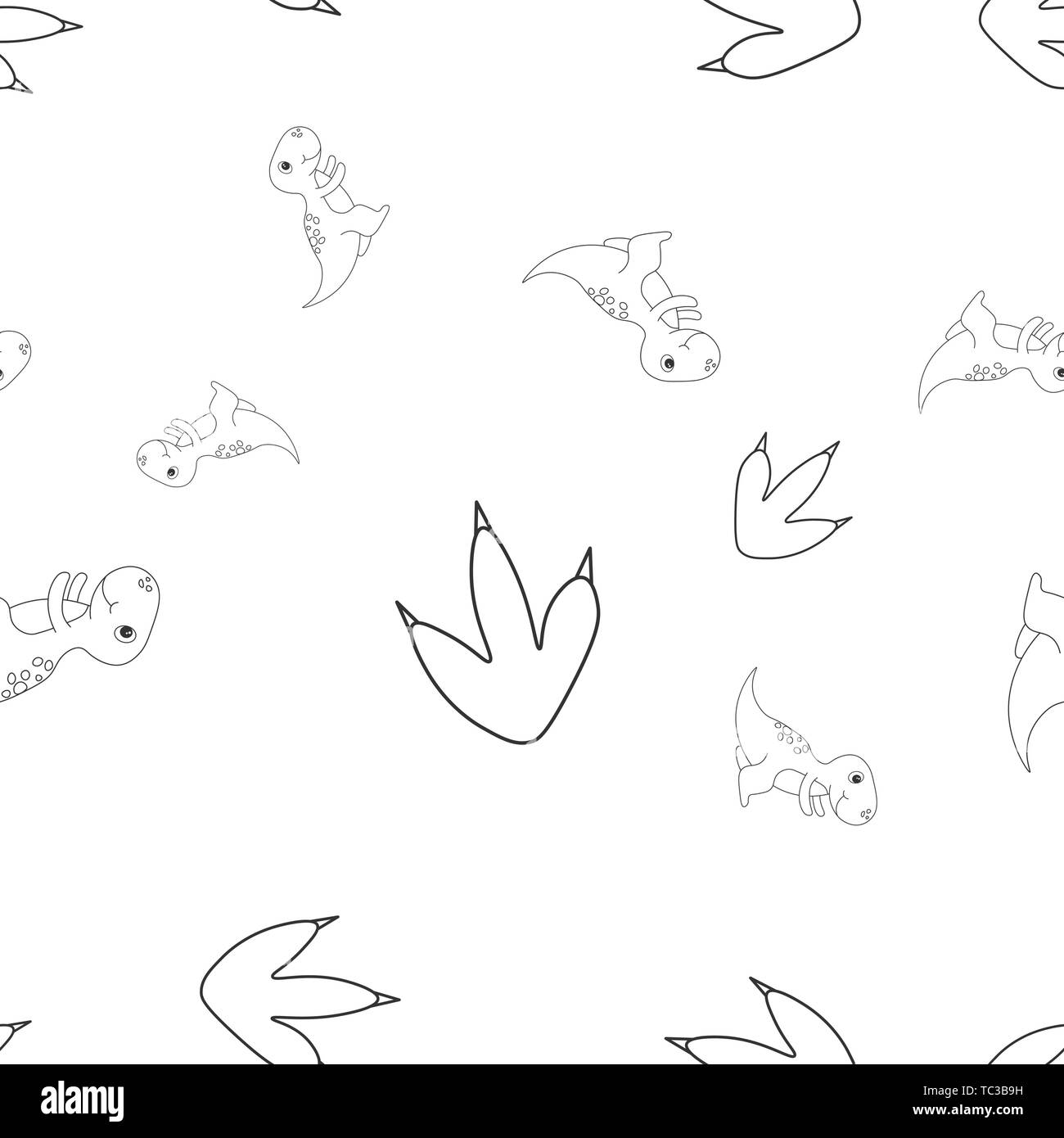 Nahtlose Muster der Kontur von dinosaurus Tyrannosaurus und Footprint. Auf weissem Hintergrund. Vector Illustration. Stock Vektor
