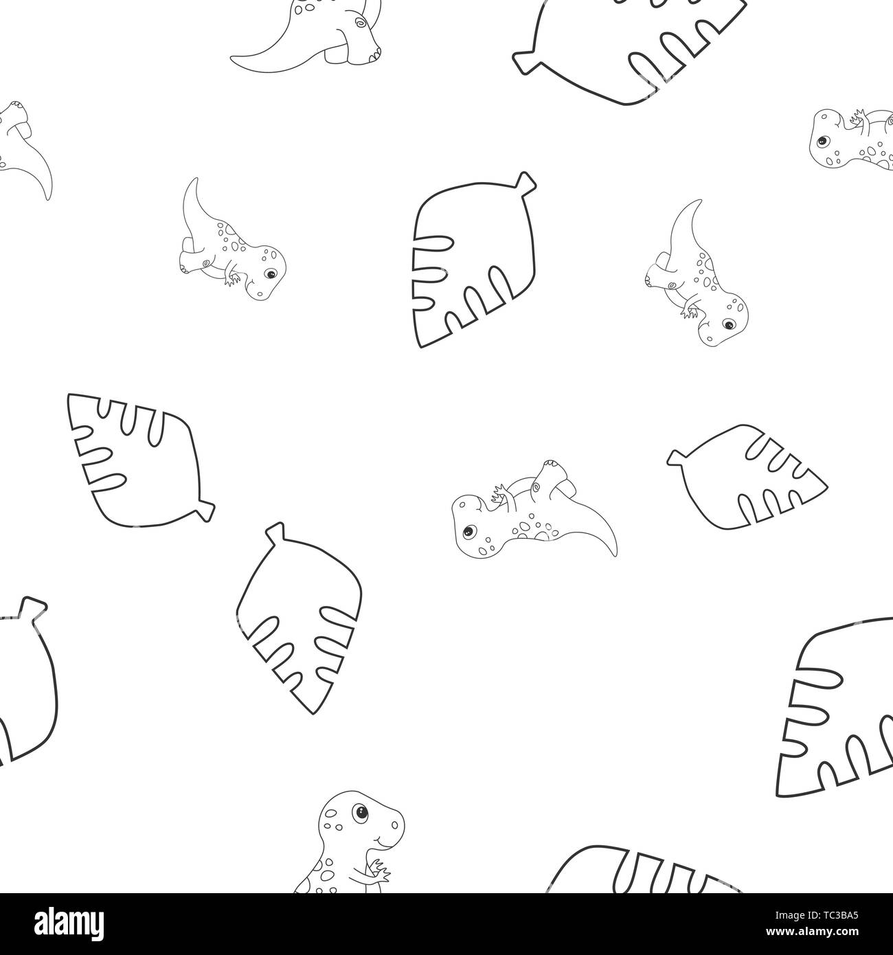 Nahtlose Muster der Kontur von dinosaurus Tyrannosaurus und Blatt Palme. Auf weissem Hintergrund. Vector Illustration. Stock Vektor