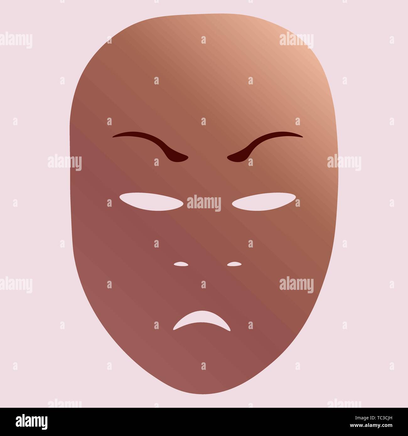Theater Maske mit Zorn Emotion. Vector Illustration. Bronze Maske mit Farbverlauf auf beigem Hintergrund. Stock Vektor