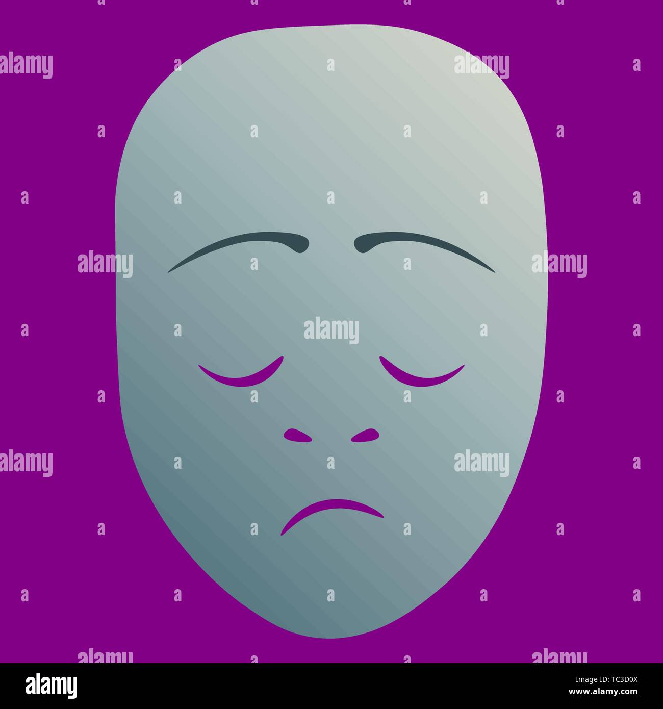 Theater Maske mit trostlosen Emotion. Vector Illustration. Silber Maske mit Farbverlauf auf lila Hintergrund. Stock Vektor