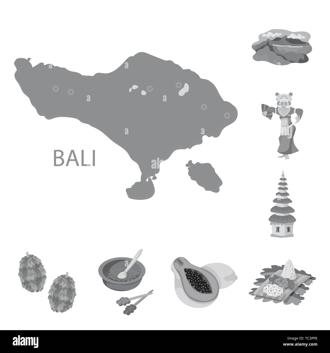 Karte, Berg, Mädchen, Tempel, Humulus, Gericht, Papaya, Reis, tropische, See, Kultur, Sehenswürdigkeiten, Werk, Soße, Obst, Land, Peak, weiblich, Bud, Mahlzeit, Raw, Essen, Insel, Rocky Mountains, schöne, Gebäude, Blatt, Restaurant, Asiatisch, Geographie, Reisen, Tourismus, traditionelle, Insel, Bali, Indonesien, Balinesen, Karibik, Set, Vector, Icon, Illustration, isoliert, Sammlung, Design, Element-, Grafik-, Zeichen-, Mono-, Vektor, Vektoren, grau Stock Vektor