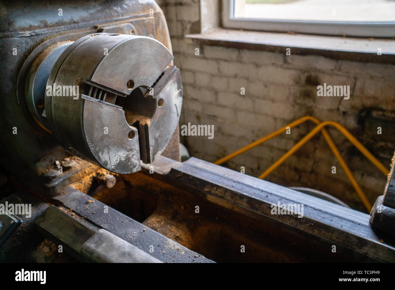 Nahaufnahme des Drehbank Maschine Stockfoto