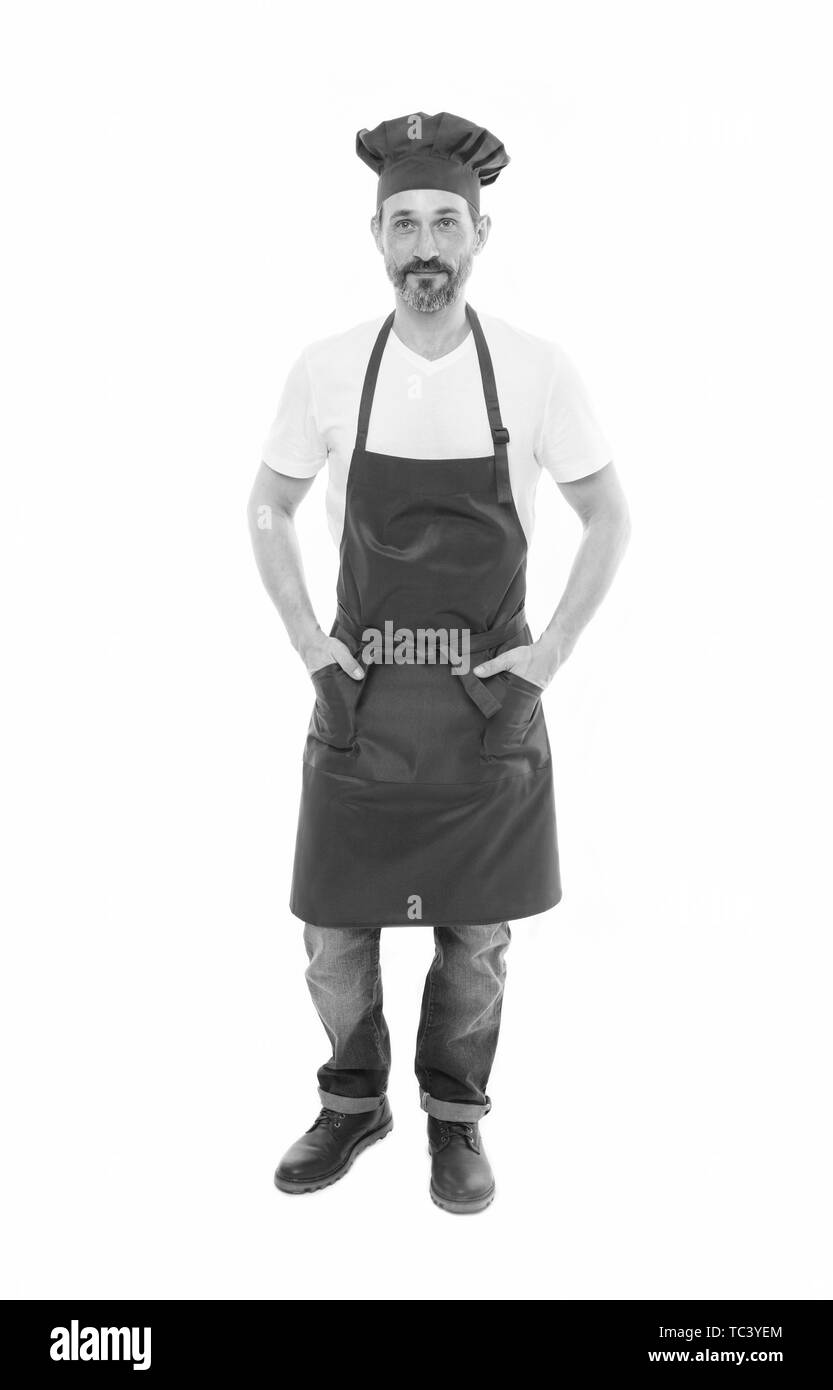 Zuversichtlich reife stattlicher Mann mit weißem Hintergrund. Kochen als berufliche Tätigkeit. Einheitliche für das Kochen. Küchenchef im Restaurant. Kochen ist mein Hobby. Lernen Sie kochen. Zu meiner Küche willkommen. Mann im Vorfeld. Stockfoto