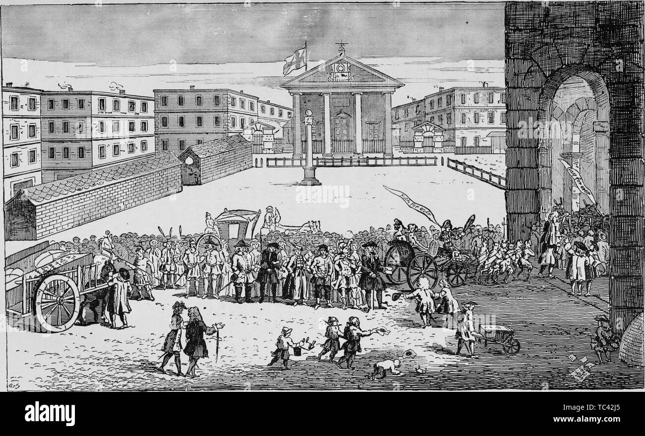 Gravur des siegreichen John Rich's Eintrag in Covent Garden, London, England, aus dem Buch "Alte und neue London: eine Erzählung über seine Geschichte, seine Menschen und seine Sehenswürdigkeiten von Thornbury Walter, 1873. Mit freundlicher Genehmigung Internet Archive. () Stockfoto