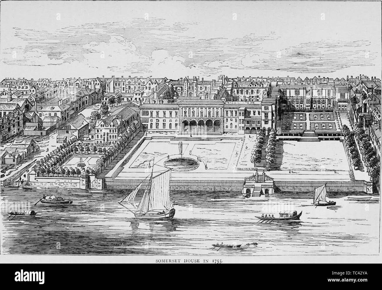 Gravur der Somerset House, betrachtet aus der Themse, London, England, aus dem Buch "Alte und neue London: eine Erzählung über seine Geschichte, seine Menschen und seine Sehenswürdigkeiten von Thornbury Walter, 1873. Mit freundlicher Genehmigung Internet Archive. () Stockfoto