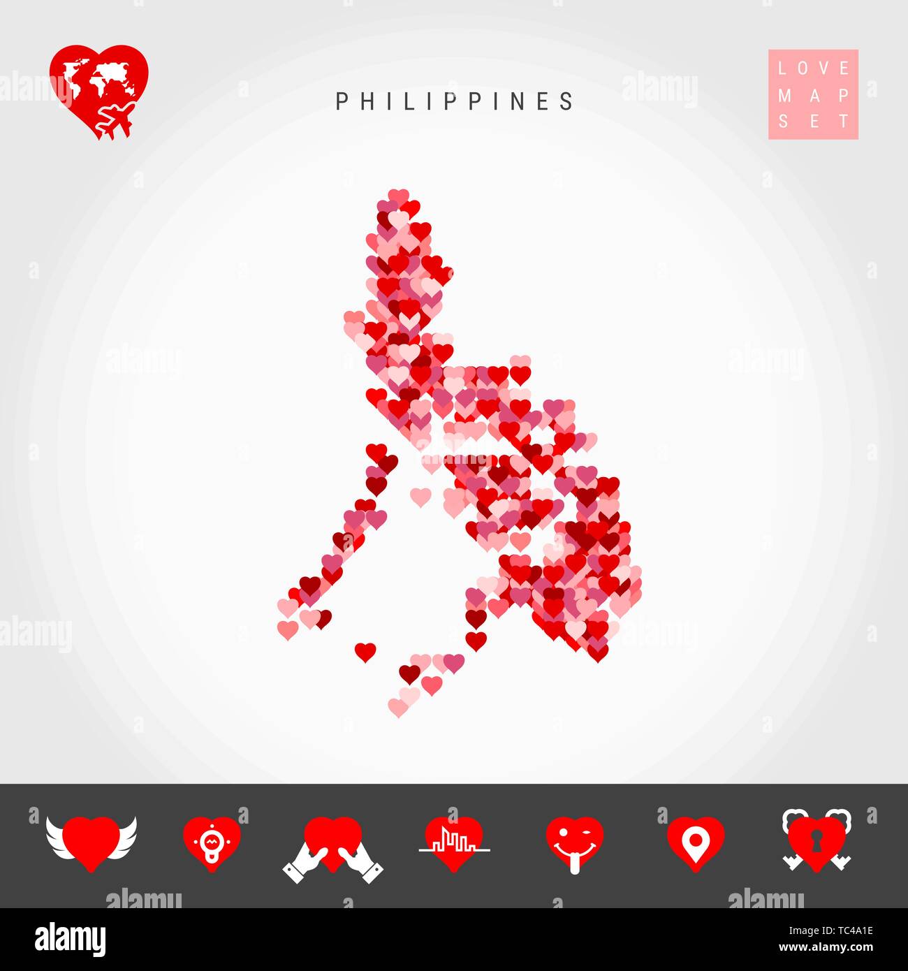 Ich liebe Philippinen. Rot und rosa Herzen Muster Vektor Karte von Philippinen isoliert auf grauen Hintergrund. Liebe Symbol gesetzt. Stock Vektor