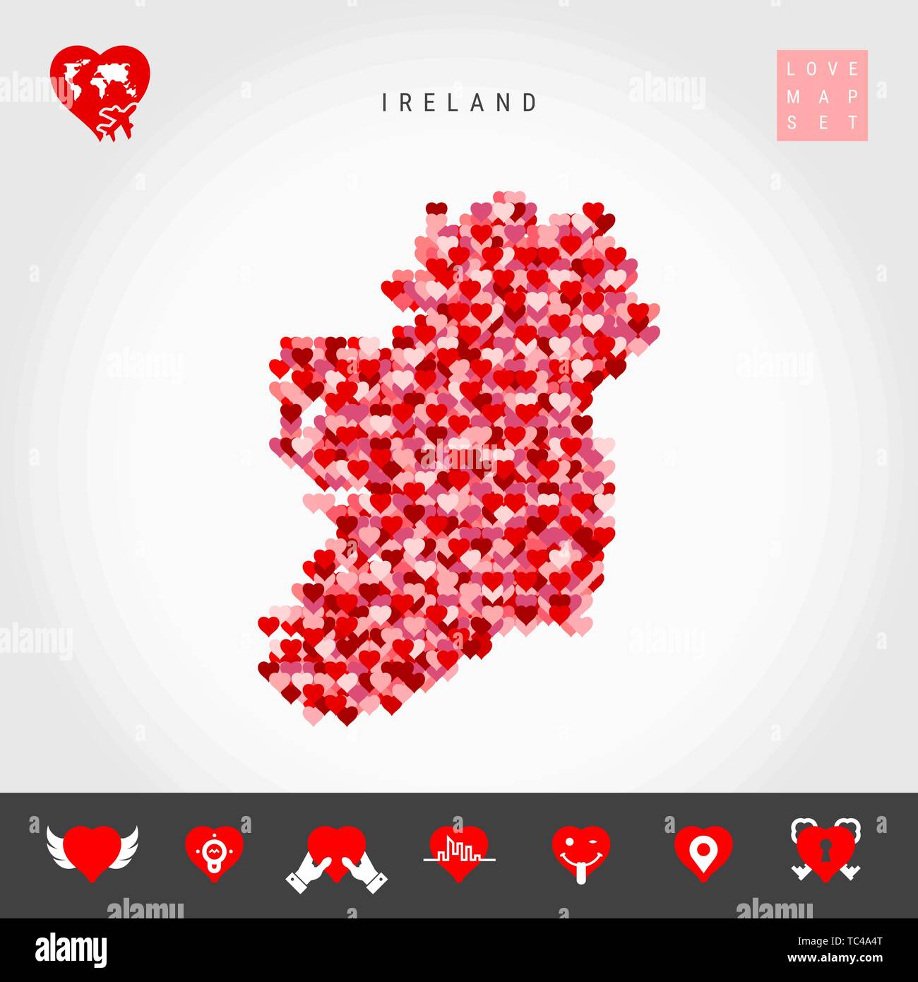 Ich liebe Irland. Rot und rosa Herzen Muster Vektor Karte von Irland isoliert auf grauen Hintergrund. Liebe Symbol gesetzt. Stock Vektor