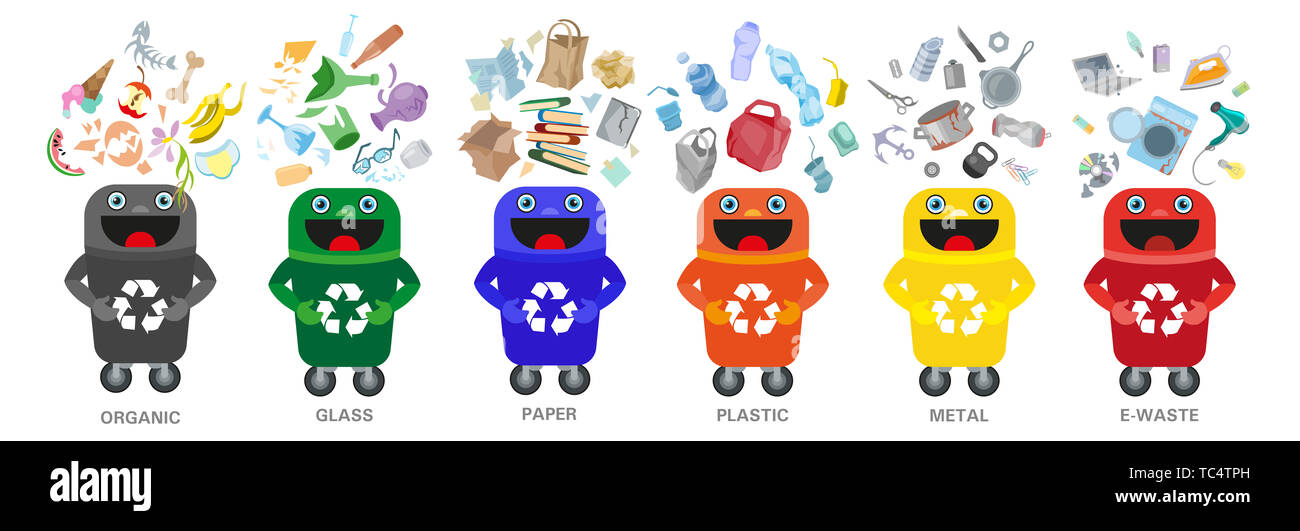 Sortierung Abfall Management Konzept Trennung Müllabfuhr Mülltonne Abbildung Stockfoto