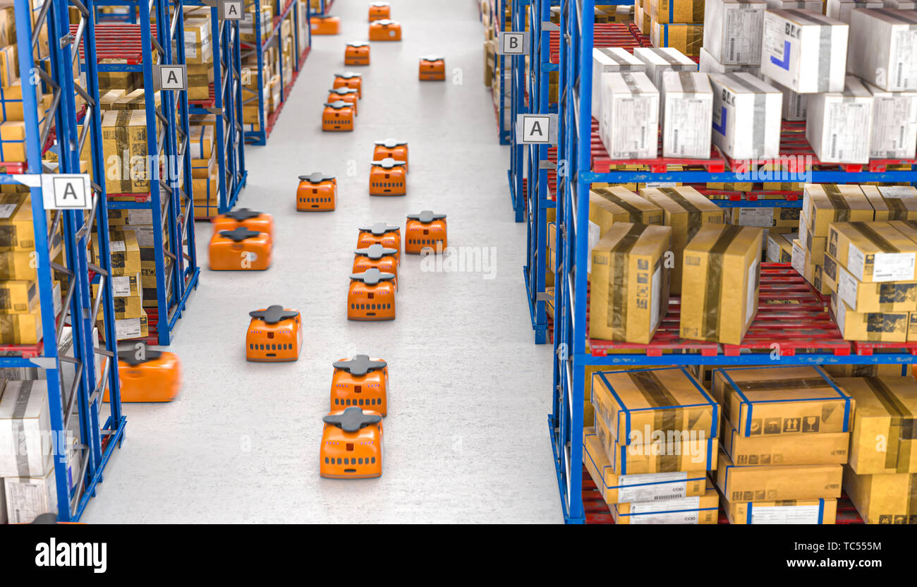 3D-Render Bild von Drohnen bewegen, in einem modernen Lager voll von Waren in den Regalen gelagert. Stockfoto