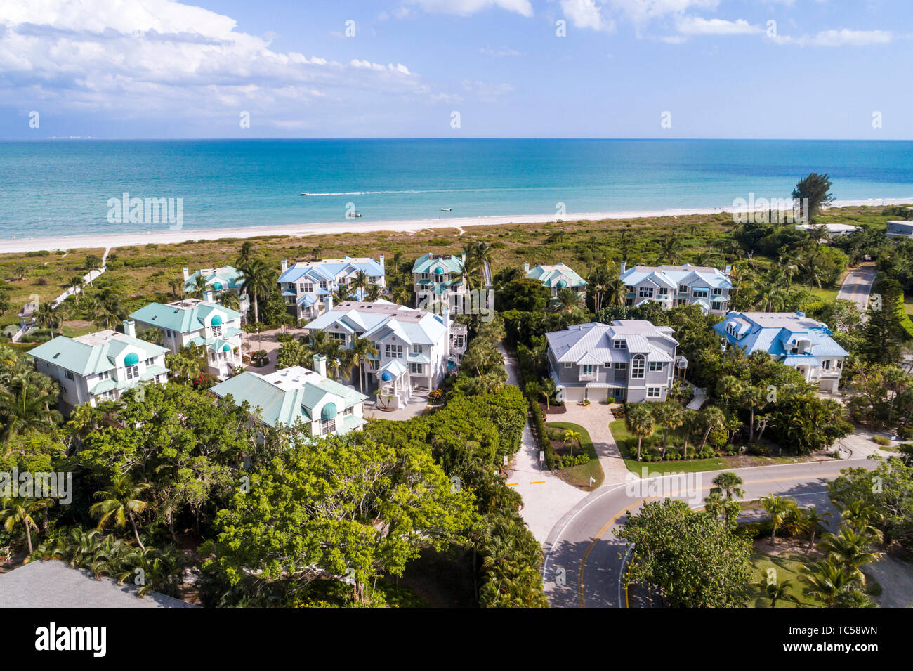 Sanibel Island Florida, Golf von Mexiko Strand, East Gulf Drive Häuser, Colony Beach Estates, Luftaufnahme von oben, FL190514d09 Stockfoto