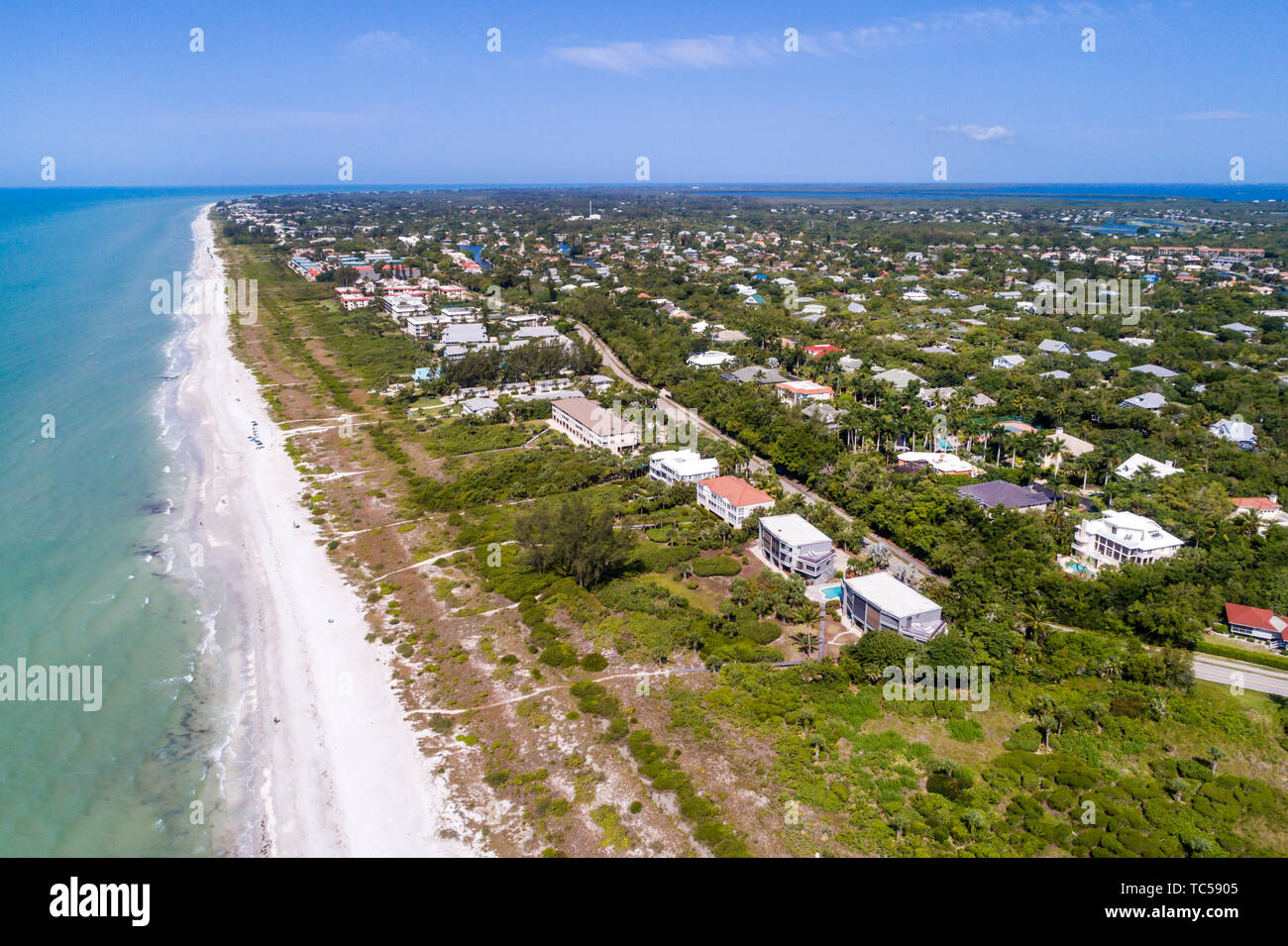 Sanibel Island Florida, Golf von Mexiko Strand, East Gulf Drive Häuser, Kinzie, Luftaufnahme von oben, FL190514d14 Stockfoto