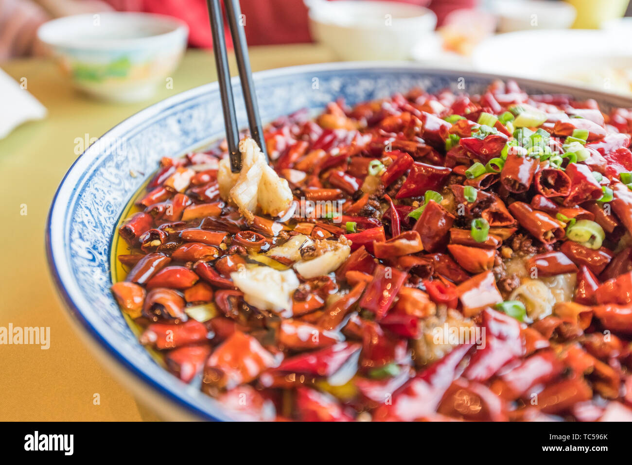 Eine Platte der chinesischen Sichuan Küche gekochter Fisch close-up Stockfoto