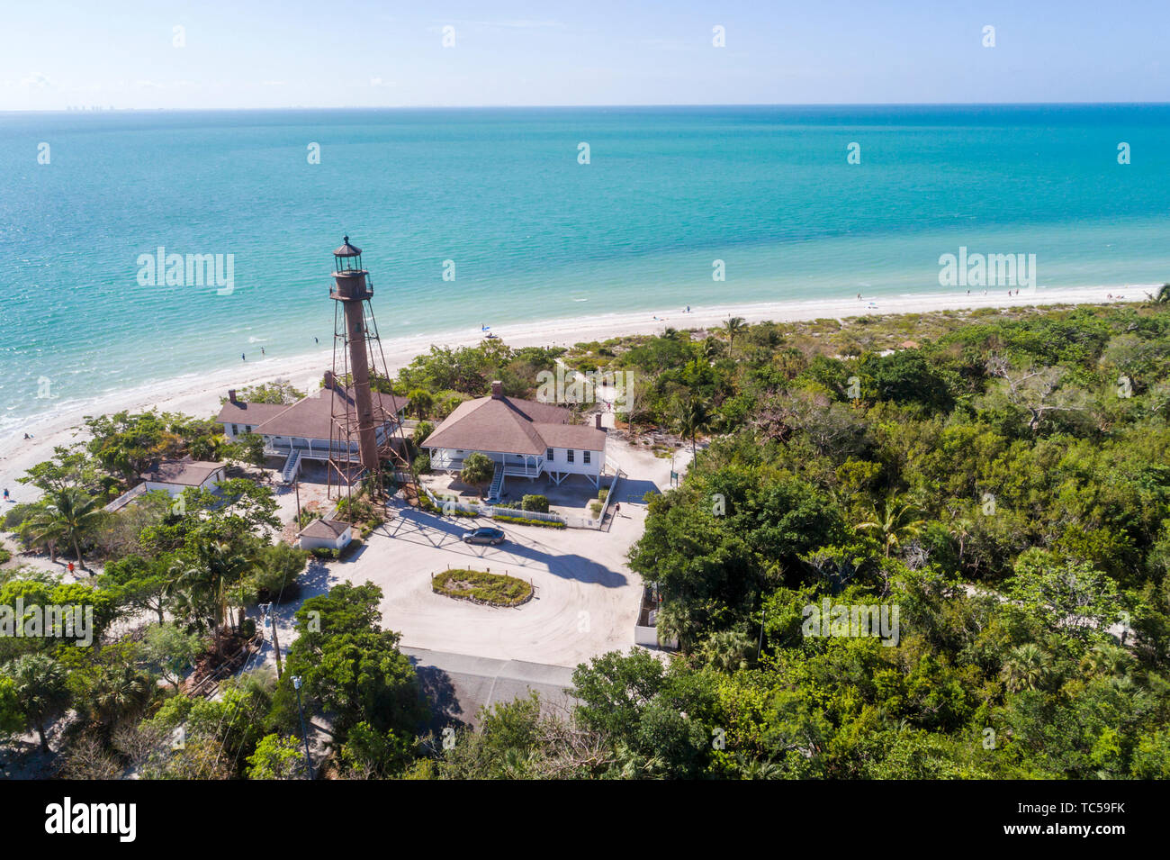 Florida Sanibel Island, Gulf of Mexico Lighthouse Beach Park Point Ybel, San Carlos Bay Wasseraufnahme von oben, Stockfoto