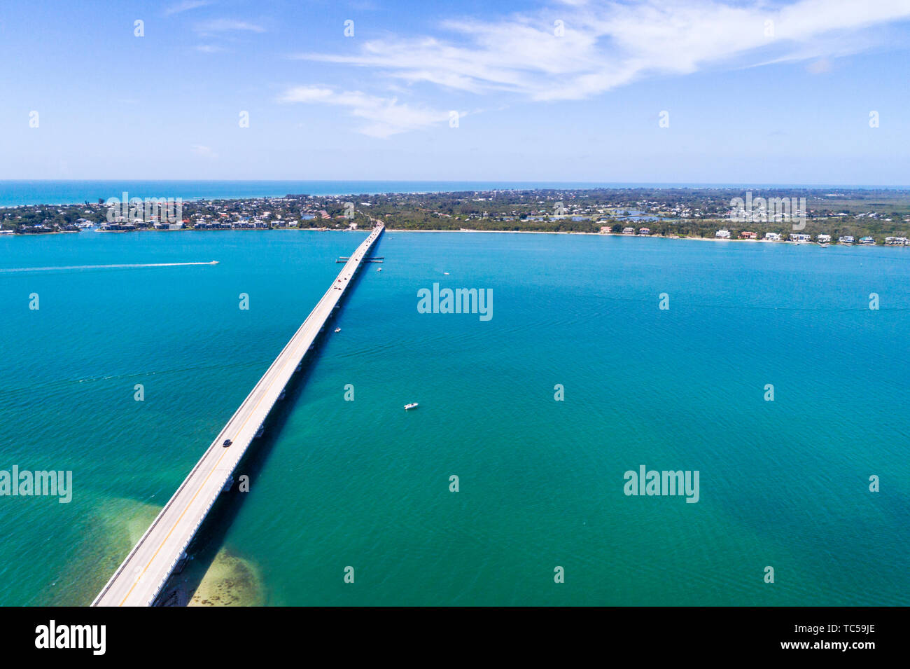 Florida, Sanibel Island Causeway, San Carlos Bay, Luftaufnahme von oben, FL190514d30 Stockfoto