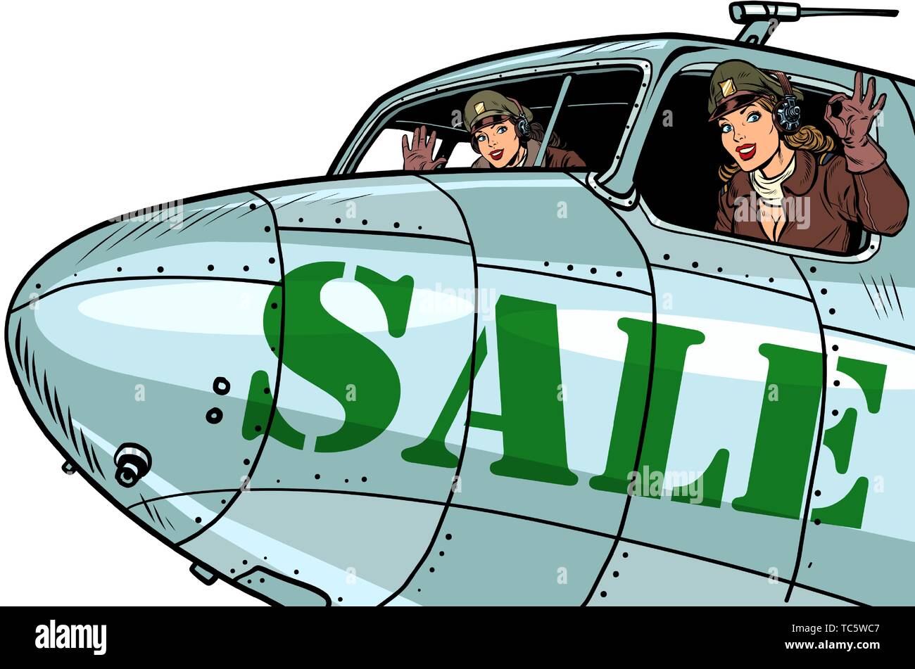 Frauen Piloten auf Verkauf, Bomber. Pop Art retro Vektor illustration Vintage kitsch Stock Vektor