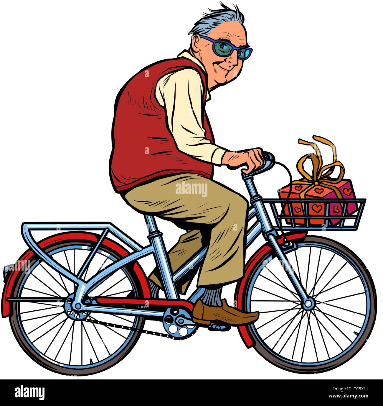 Ein alter Mann mit einem Geschenk, einem Fahrrad. Pop Art retro Vektor illustration Vintage kitsch Stock Vektor