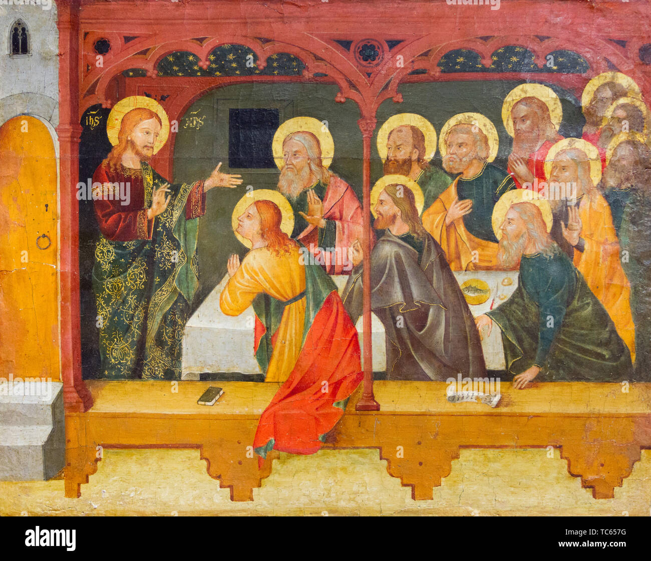 Das Gemälde des Wiederauferstandenen Jesus mit seinen Aposteln im Abendmahlssaal. Die zweite Hälfte des 15. Jahrhundert. Derzeit im Castello Visconteo. Stockfoto