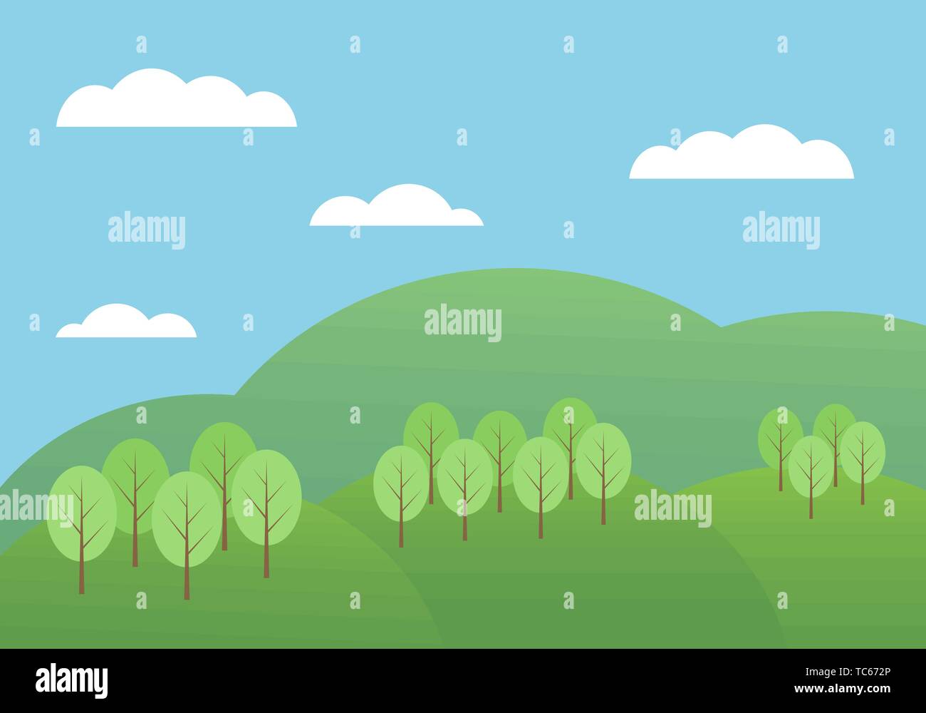 Flaches Design Cartoon Illustration der Berglandschaft mit Hügel und Bäume unter blauem Himmel mit Wolken-Vektor Stock Vektor