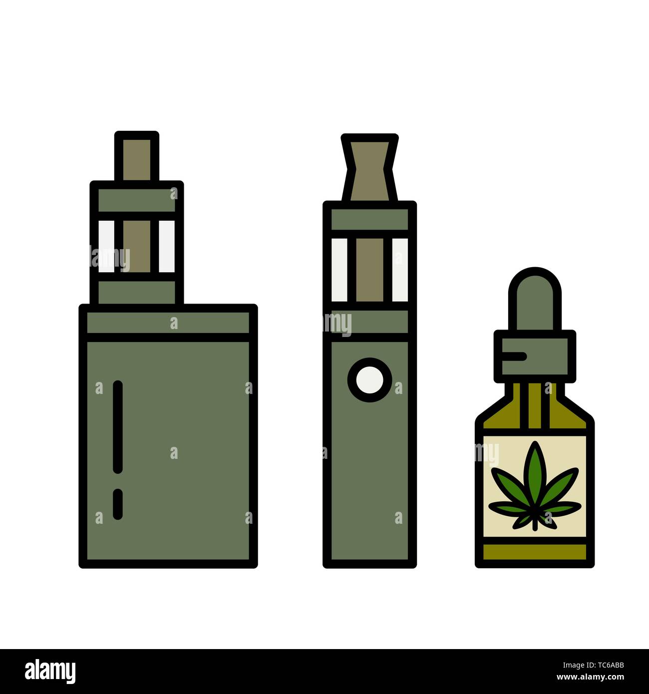 Marihuana Flüssigkeit für Vaping. Vape cannabis Öl. Cannabis Vaporizer. E- Zigarette für VAPING. Isolierte Vector Illustration auf weißem Hintergrund  Stock-Vektorgrafik