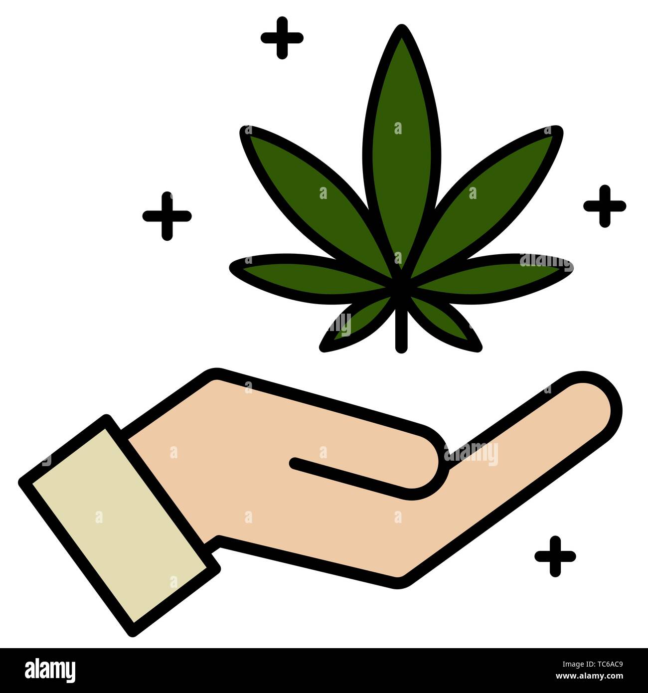 Cannabis, Marihuana Blatt in der Hand Symbol. Symbol Produkt Label und Logo grafische Vorlage. Isolierte Vector Illustration auf weißem Hintergrund. Stock Vektor