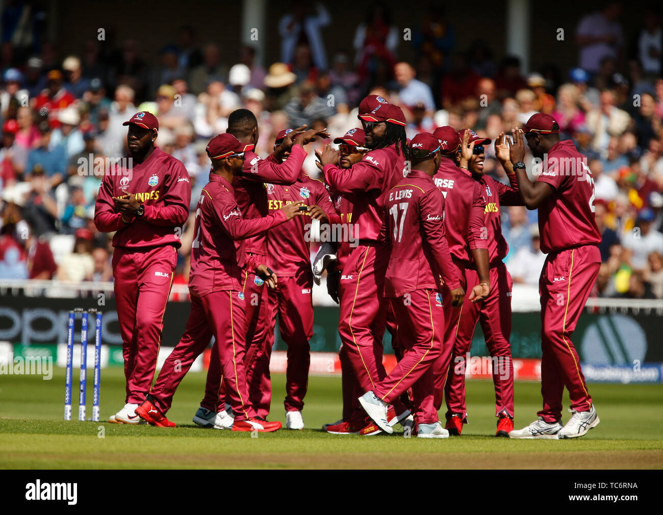 Trent Bridge, Nottingham, UK. 6. Juni, 2019. ICC Cricket World Cup, Australien gegen Westinseln; die Westinseln Team feiert mit Sheldon Cottrell, nachdem er nimmt das wicket von David Warner von Australien Quelle: Aktion plus Sport/Alamy leben Nachrichten Stockfoto