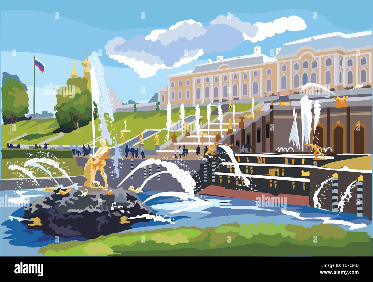 Malerischer Blick auf die Große Kaskade, Skulpturen und Springbrunnen auf Schloss Peterhof in St. Petersburg, Russland. Bunte vektor Illustration. Stock Vektor