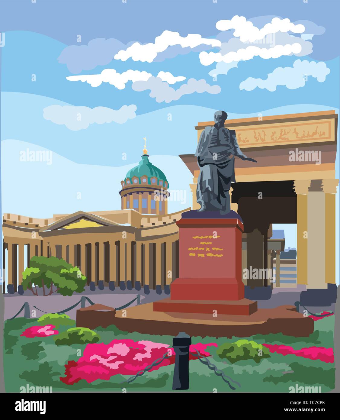 Stadtbild von der Kazan Kathedrale in St. Petersburg, Russland und Denkmal für Barclay de Tolly. Bunte vektor Illustration. Stock Vektor