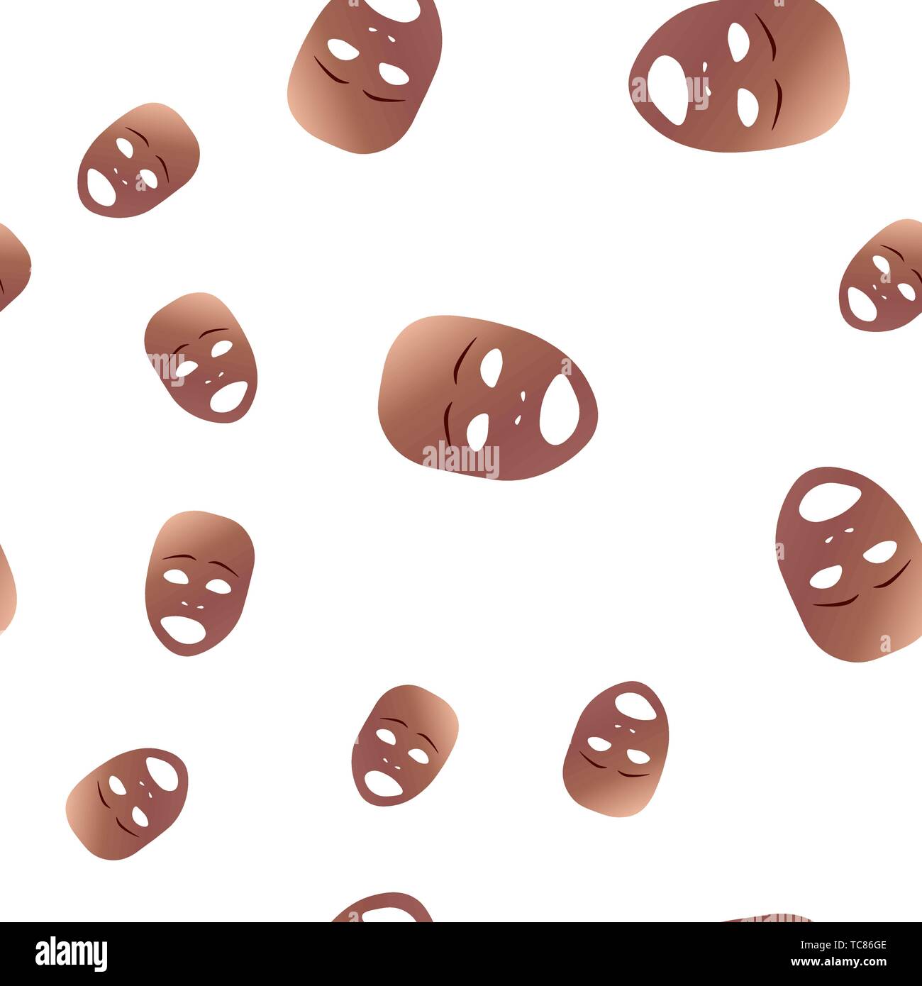 Nahtlose Muster des theatralischen Maske mit traurigen Emotionen. Vector Illustration. Bronze Maske mit Farbverlauf auf weißem Hintergrund. Stock Vektor