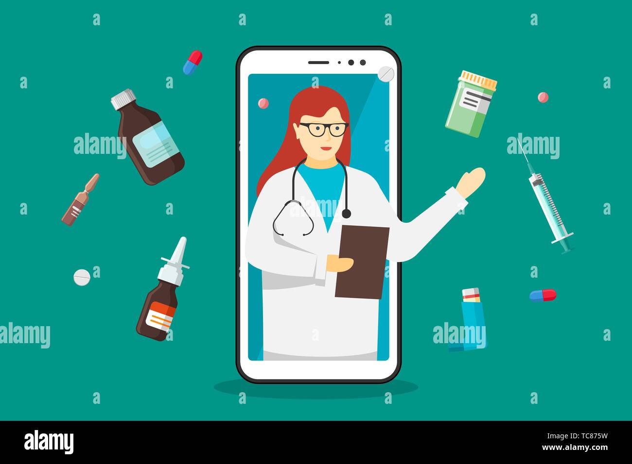 Doktor online Handy Chat Internet Consulting Medical app. Weiße Frau in Gläsern der Bildschirm des Smartphones mit Medikamenten und Stethoskop. Healthcare Cons Stock Vektor