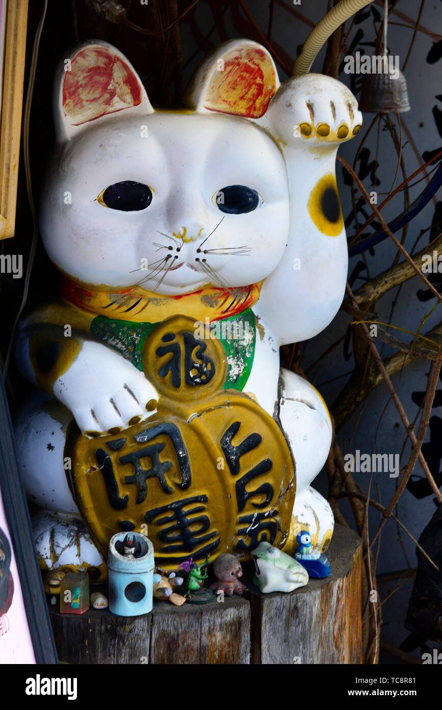 Die maneki Neki Katze ist traditionelle kulturelle Statue aus Japan, der geglaubt wird, Reichtum und Vermögen der Eigentümer, Japan, Asien zu bringen. Stockfoto