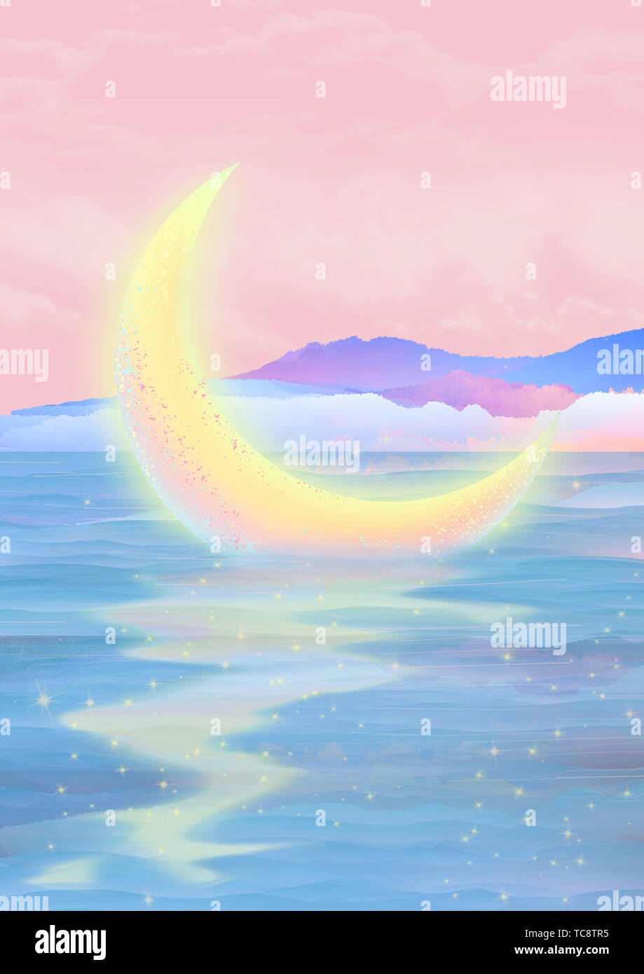 Eine Runde von leuchtenden hellen Mond ruhig liegen auf dem fließenden Fluss Wasser Hintergrund Poster Stockfoto