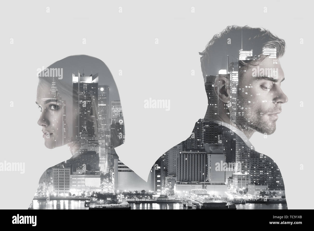 Doppelbelichtung schöner Mann und Pretty Woman und New York abend Stadtbild Stockfoto