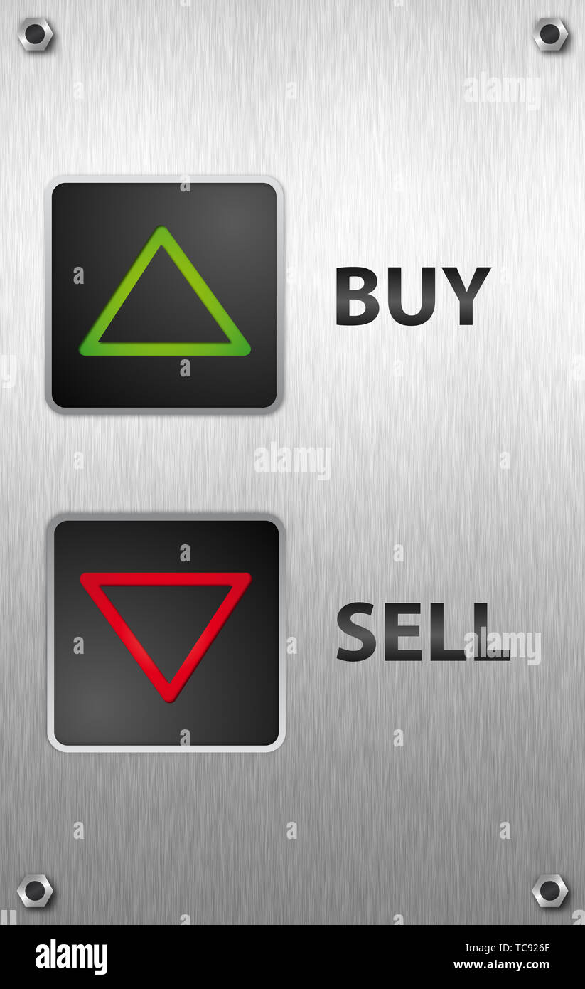 Aufzug Schnittstelle - Kaufen halten Verkaufen Tasten grün rot-gelbes Quadrat Stockfoto