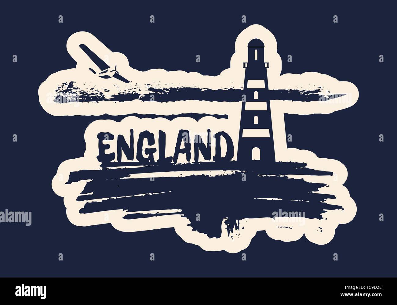 Leuchtturm auf pinselstrich Seashore. Wolken mit retro Flugzeug. England Land name Text. Stockfoto