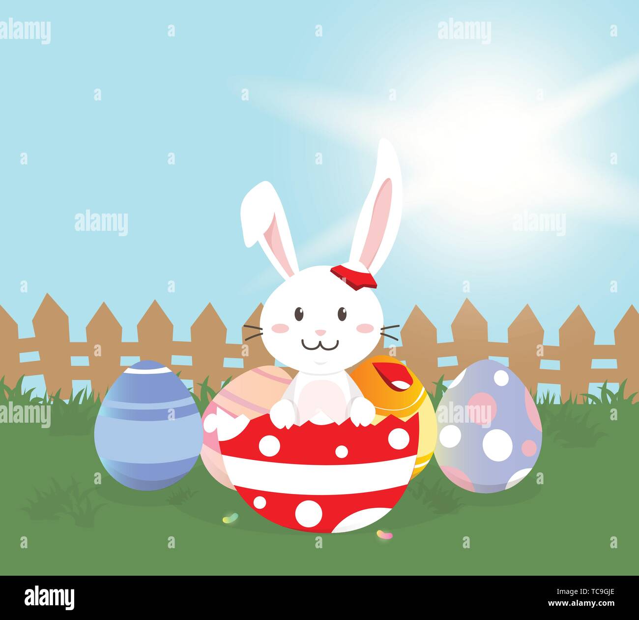 Frohe Ostern Grußkarte, Cute Bunny mit bunten Ostereiern im Frühjahr. Vector Illustration Stock Vektor