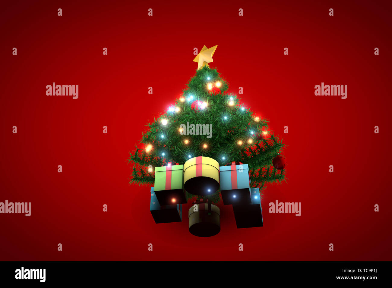 3D-Rendering, Weihnachtsbaum mit rotem Hintergrund Stockfoto