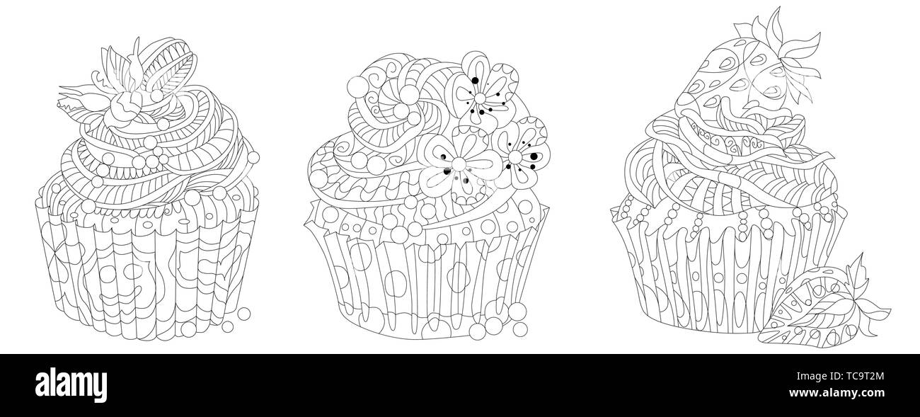 Vektor einrichten von Cupcakes mit Erdbeere. Hand gezeichnete Illustration für Malbuch für Erwachsene in der zentangle, doodle Stil Stock Vektor