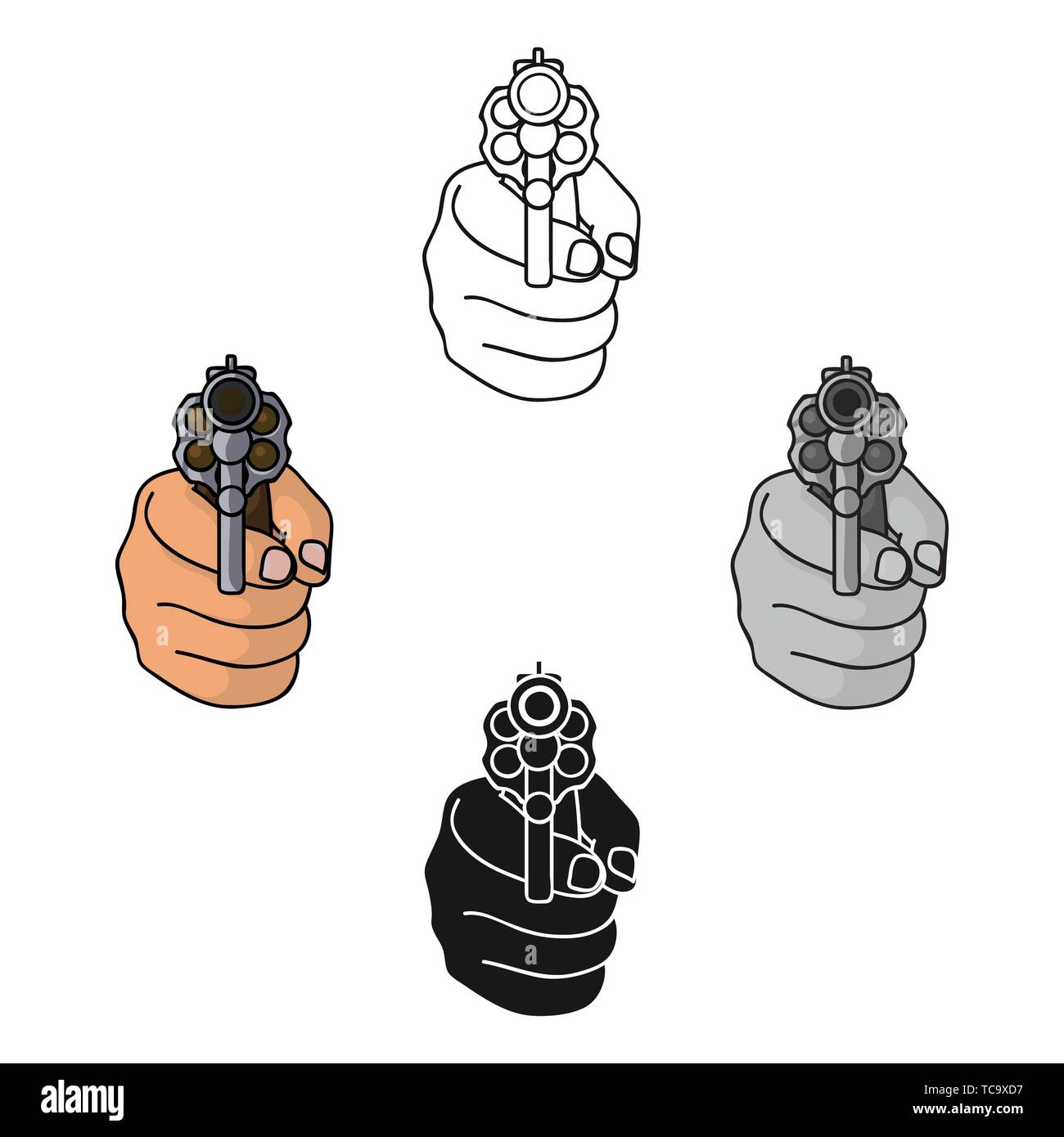 Regie gun Symbol im Cartoon Stil, schwarz auf weißem Hintergrund. Kriminalität symbol Vektor Illustration. Stock Vektor