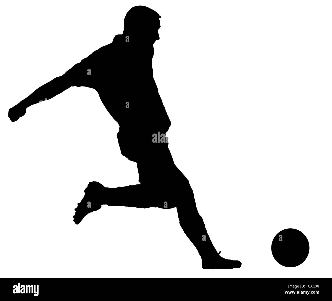 Fußball-Spieler als Silhouette isoliert auf weißem, während ein Fußball schießen Stockfoto