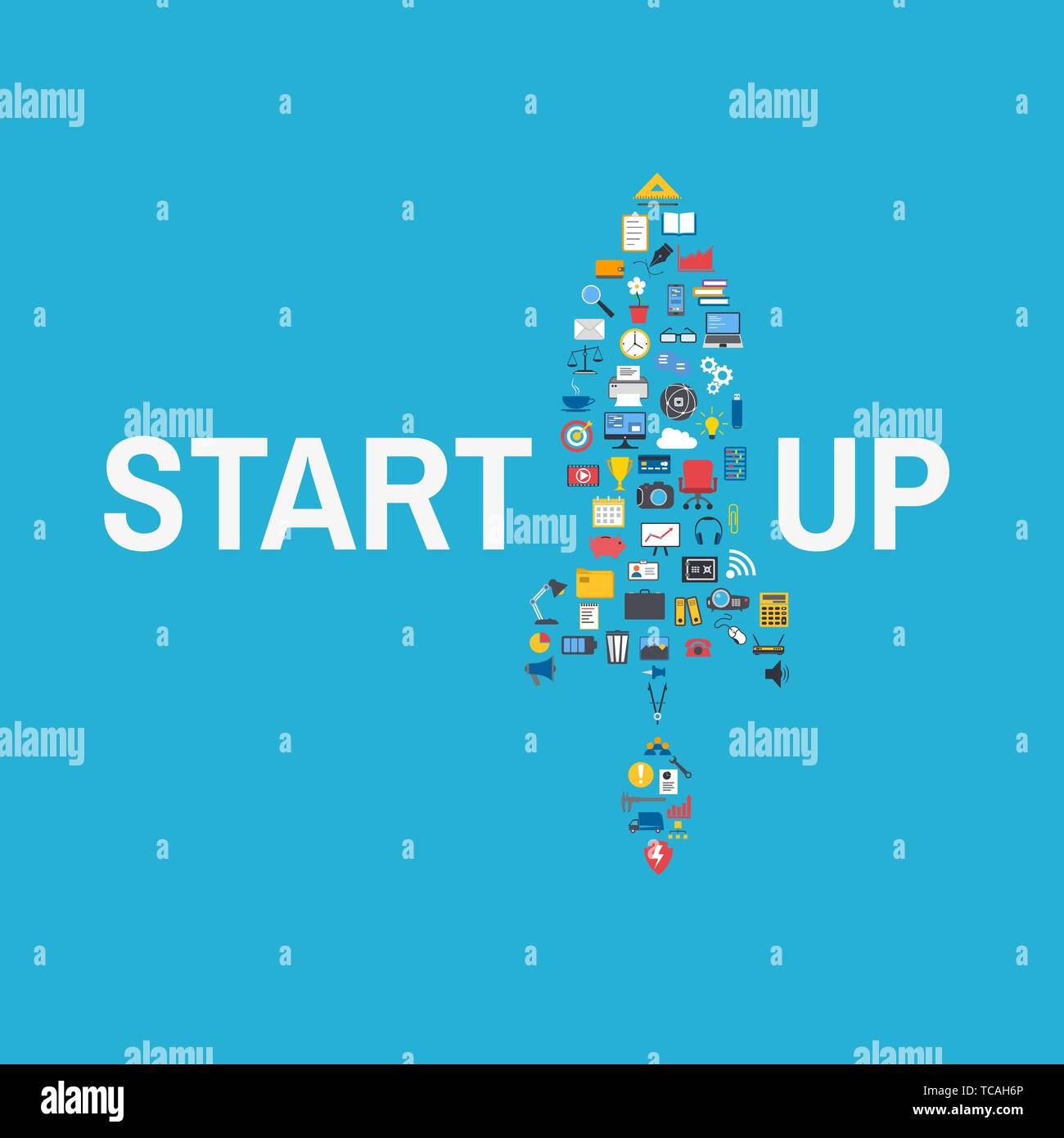 Start Business Konzept. Kreative Abbildung mit Rucola und Business Icons. Start Projekt Konzept. Flache Bauweise, Vektor, Abbildung auf Blau zurück Stock Vektor