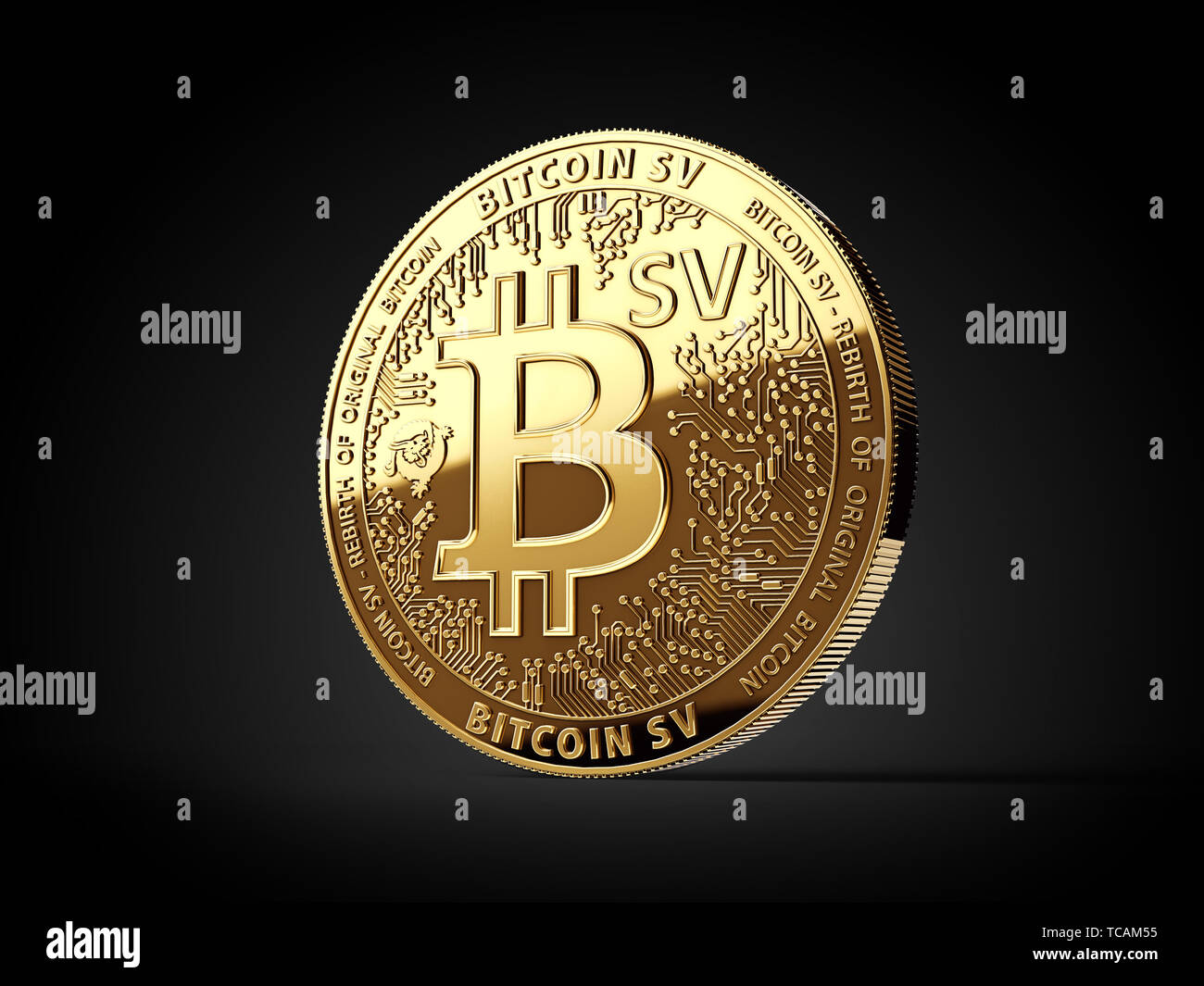 Golden Bitcoin Satoshi Vision (Bitcoin SV oder BSV) cryptocurrency  physikalischen Konzept Münze auf schwarzen Hintergrund isoliert.  3D-Rendering Stockfotografie - Alamy