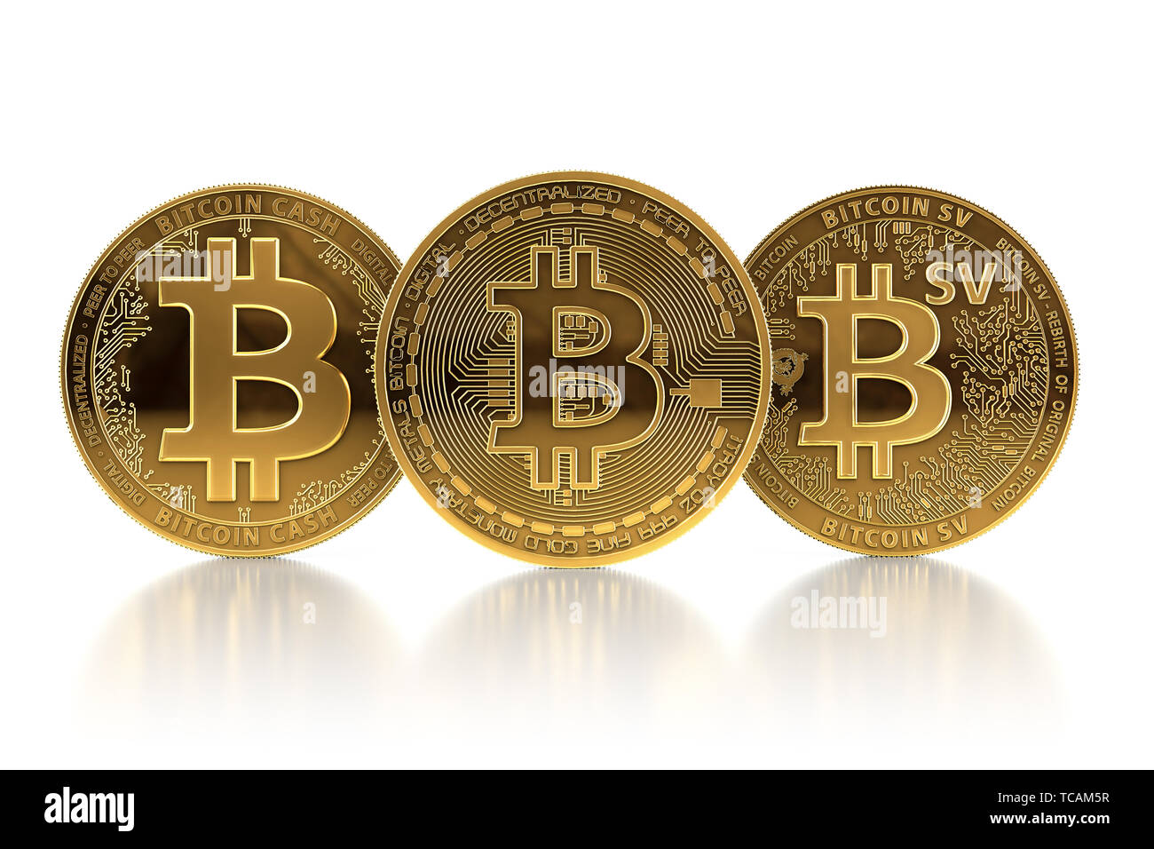Drei verschiedene Bitcoin Münzen nach Gabeln. Bitcoin (BTC) nach bitcoin Cash (BCH) und Bitcoin Satoshi Vision (BSV) Konzept. 3D-Darstellung Stockfoto