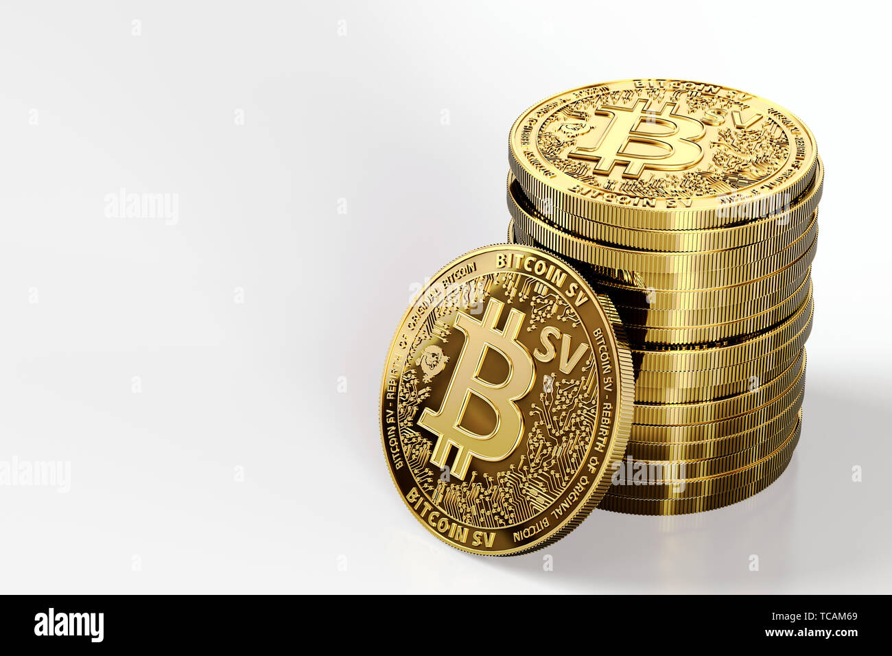 Stapel von Bitcoin Satoshi Vision (Bitcoin SV oder BSV) cryptocurrency auf weißem Hintergrund. Konzept Münze. 3D-Rendering Stockfoto